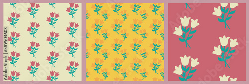Set of three floral seamless pattern with hand drawn cutout elements in pastel colors. Unique vector design in papercraft flat style Suitable for fabric, wallpaper, wrapping, background, decor, poster