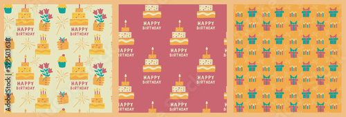 Set of three seamless pattern with hand drawn cutout elements related to birthday party and text Happy birthday in pastel papercraft flat style. Suitable for textile, wallpaper, wrapping, background