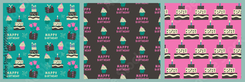 Set of three birthday papercraft seamless pattern with hand drawn elements related to birthday party in flat cutout style. Dark theme, black hands with gift box and bunch of flowers Ideal for wrapping