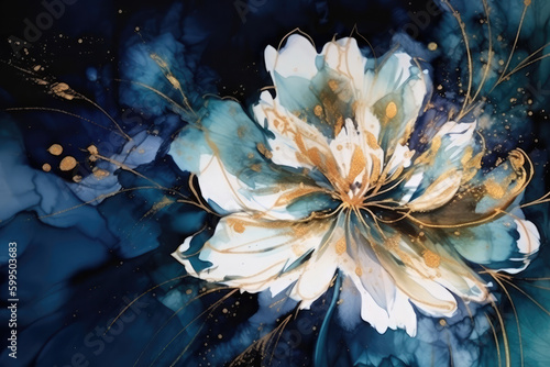 a wallpaper botanical flowers with one big flower for whole artwork flowing alcohol ink style bioluminescence navy blue background, white, gold, generative AI
