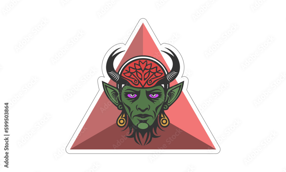 Vector sticker, the head of a terrible horned, eared and bearded green ...