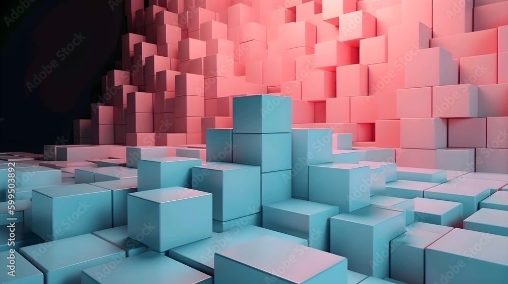 Geometric composition with cubes in blue and pink colors. Generative ai illustration