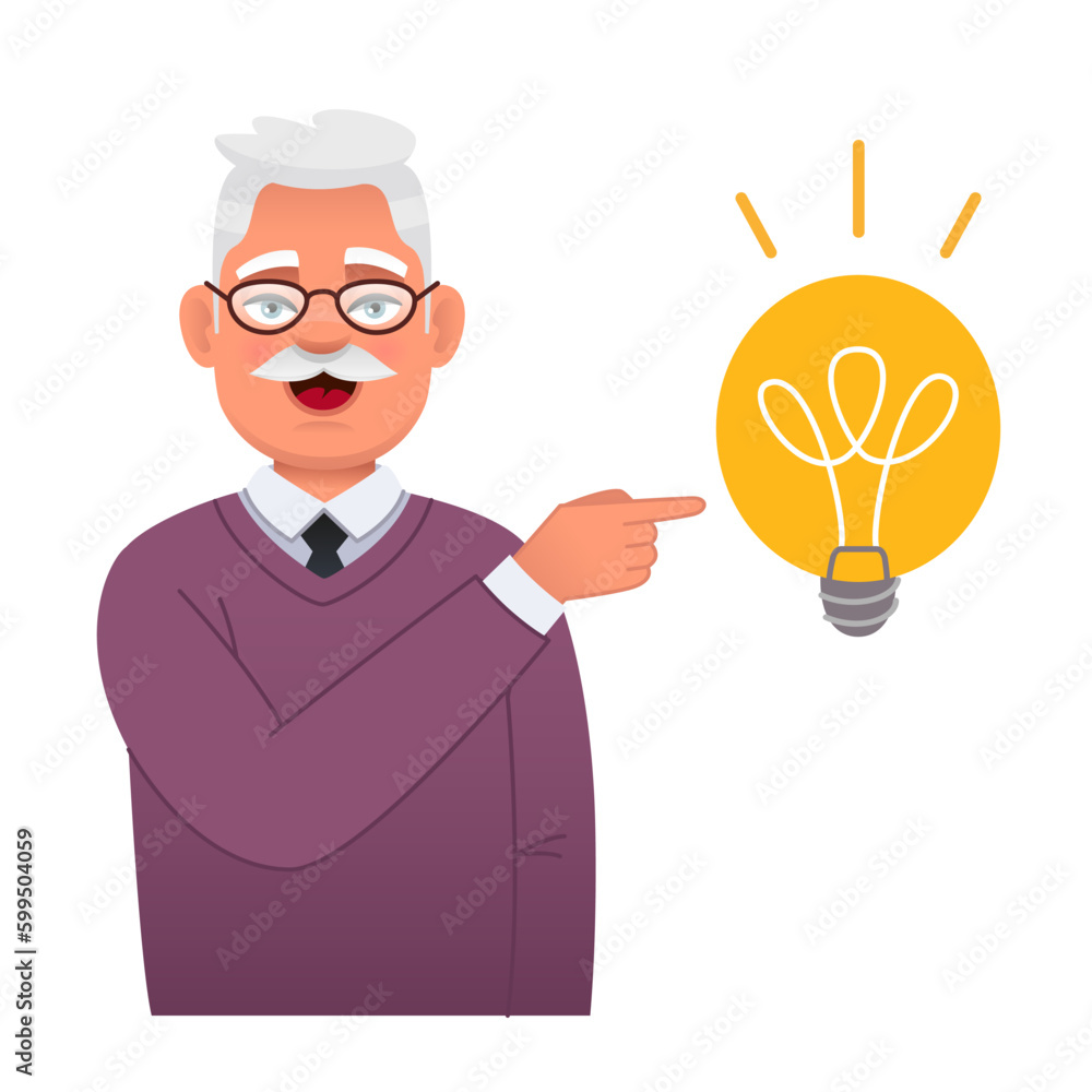 Portrait of a happy old man. Smart white elderly man with an idea of how to solve the problem. Grandfather with glasses points to the light bulb. Pensioner has an idea. Portrait of a happy old man. Smart white elderly man with an idea of how to solve the problem. Grandfather with glasses points to the light bulb. Pensioner has an idea.