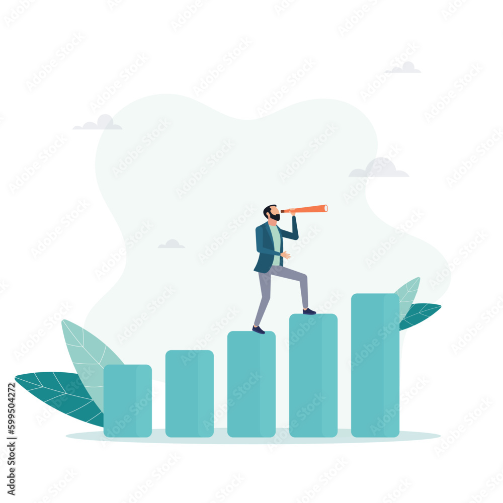 Obraz premium The guy looks through a spyglass to see the next goal, motivation to succeed, business forecasting and forecasting, the task to become better and achieve success, looking for the next goal. Flat illus