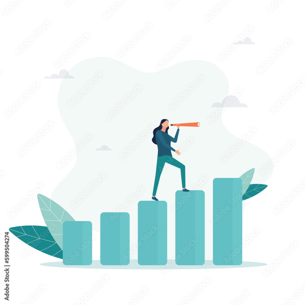 A girl looks through a spyglass to see the next goal, motivation to succeed, business forecasting and forecasting, the task to become better and achieve success, looking for the next goal. Flat illust