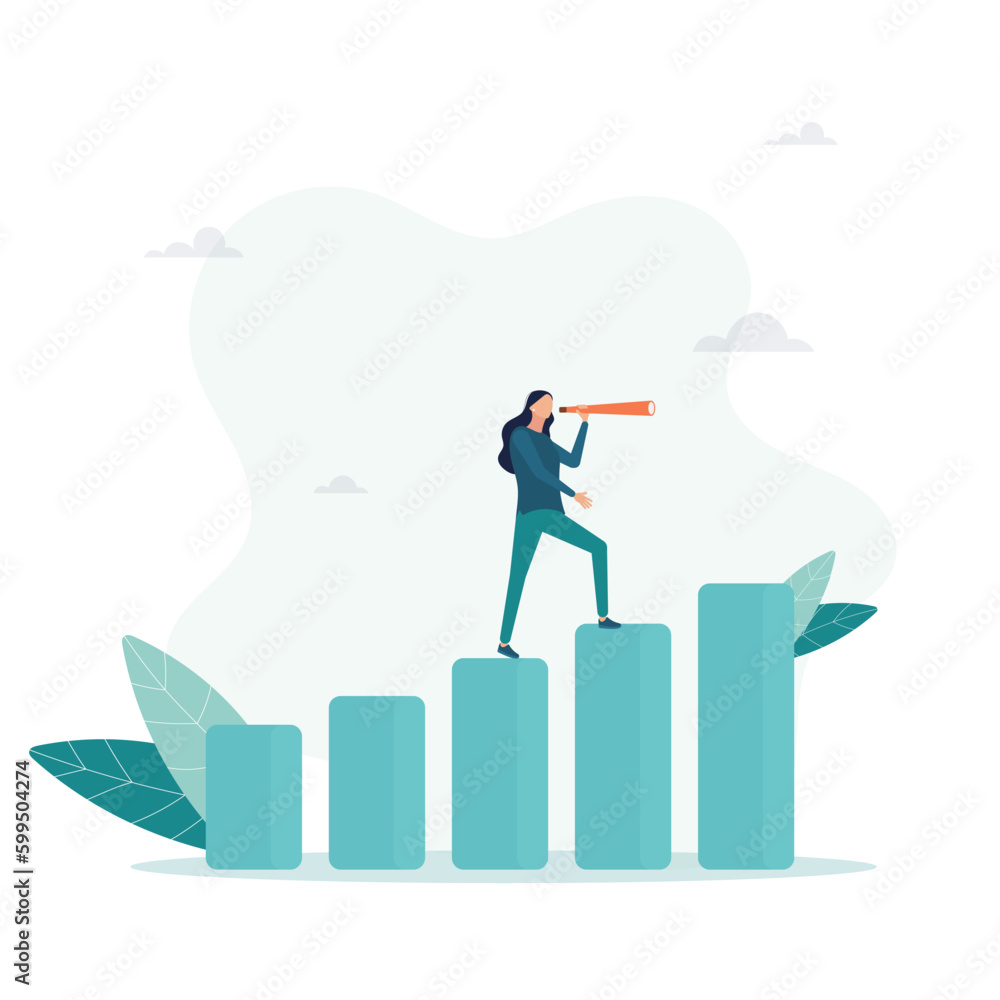 A girl looks through a spyglass to see the next goal, motivation to succeed, business forecasting and forecasting, the task to become better and achieve success, looking for the next goal. Flat illust A girl looks through a spyglass to see the next goal, motivation to succeed, business forecasting and forecasting, the task to become better and achieve success, looking for the next goal. Flat illust