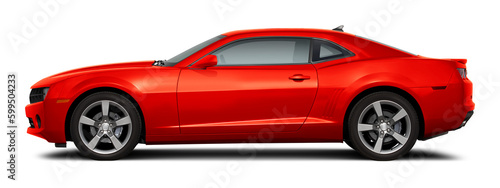 Modern powerful american muscle car in red color. Side view on a transparent background  in PNG format.