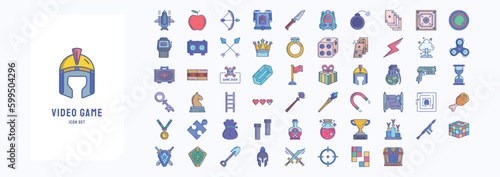 A collection sheet of linear color icons for Video Game Elements, including icons like Airplane, Armor, Crown, Dice and more