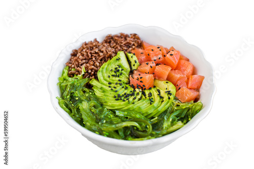 Salmon salad, avocado, brown rice, seaweed.  Isolated, transparent background