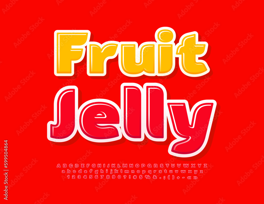 Vector artistic Emblem Fruit Jelly. Red Glossy Font. Modern bright Alphabet Letters and Numbers Vector artistic Emblem Fruit Jelly. Red Glossy Font. Modern bright Alphabet Letters and Numbers