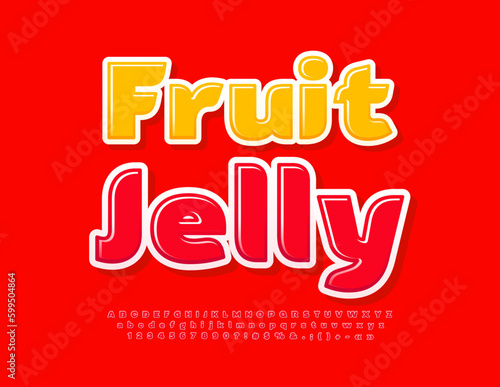 Vector artistic Emblem Fruit Jelly. Red Glossy Font. Modern bright Alphabet Letters and Numbers