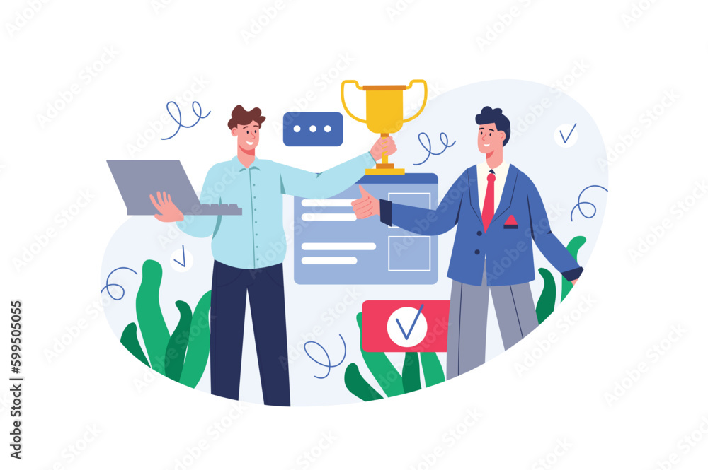 Business success color concept with people scene in the flat cartoon style. Two business man rejoice for the success of the company. Vector illustration. Business success color concept with people scene in the flat cartoon style. Two business man rejoice for the success of the company. Vector illustration.