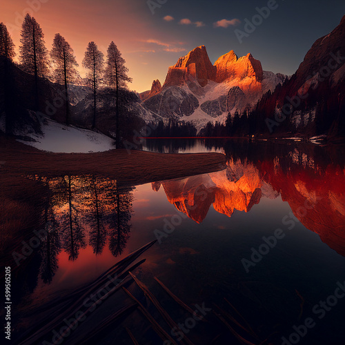 A lake with mountains and trees in the foreground and a sunset in the background. Generative ai. © Loop Master