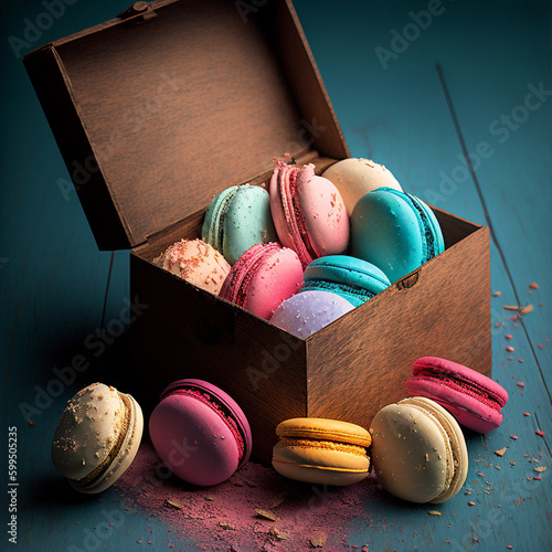 Cakes macaron or macaroon in wooden vintage box on blue table, colorful bright cookies.