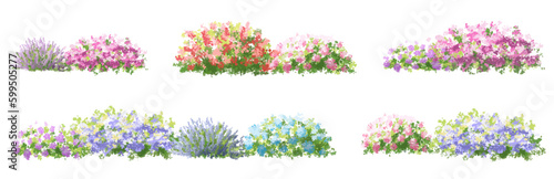 set of flowers,Vector watercolor blooming flower tree side view isolated on white background for landscape and architecture drawing, elements for environment and garden,botanical elements for section