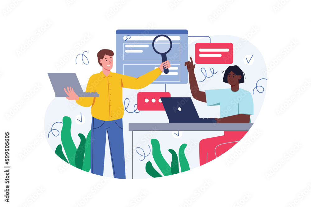 Girl and boy surfing internet color concept with people scene in the flat cartoon design. Friends are looking for important information on the Internet for work. Vector illustration. Girl and boy surfing internet color concept with people scene in the flat cartoon design. Friends are looking for important information on the Internet for work. Vector illustration.