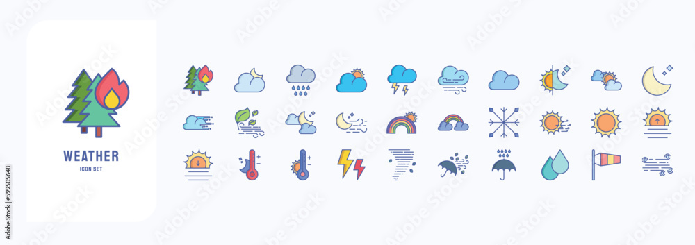 A collection sheet of linear color icons for weather forecast, including icons like Thunder, Rain, Wind, Temperature and more
