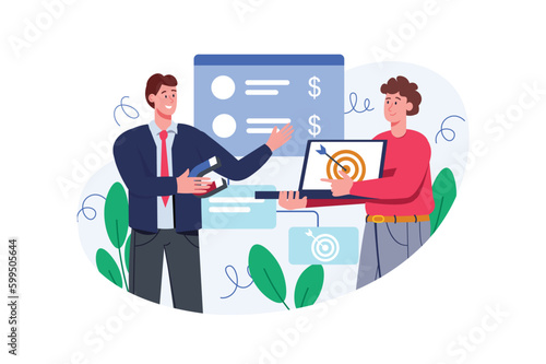 Social marketing color concept with people scene in the flat cartoon style. Marketer presents the director with a new marketing project aimed at social needs. Vector illustration.
