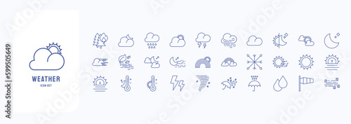 A collection sheet of outline icons for weather forecast, including icons like Thunder, Rain, Wind, Temperature and more