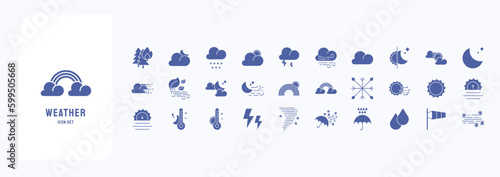 A collection sheet of solid icons for weather forecast, including icons like Thunder, Rain, Wind, Temperature and more