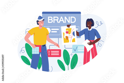 Color concept Branding with people scene in the flat cartoon style. Team of designer choose pictures and images for a new brand. Vector illustration.