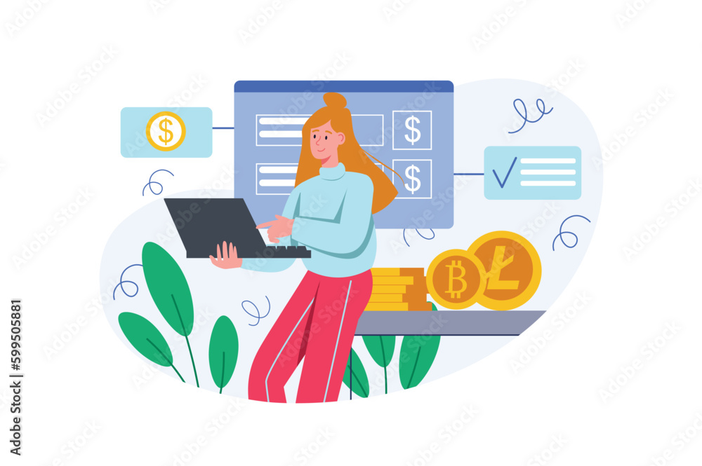 Color concept Cryptocurrency investment with people scene in the flat cartoon design. Woman research cryptocurrency market to invest her money correctly. Vector illustration. Color concept Cryptocurrency investment with people scene in the flat cartoon design. Woman research cryptocurrency market to invest her money correctly. Vector illustration.