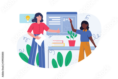 School learning color concept with people scene in the flat cartoon style. Teacher checks with the student how she completed her homework. Vector illustration.