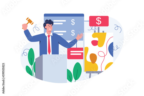 Auction color concept with people scene in the flat cartoon design. Presenter is selling an expensive and famous painting at an auction. Vector illustration.