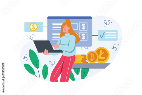 Color concept Cryptocurrency investment with people scene in the flat cartoon design. Woman research cryptocurrency market to invest her money correctly. Vector illustration.