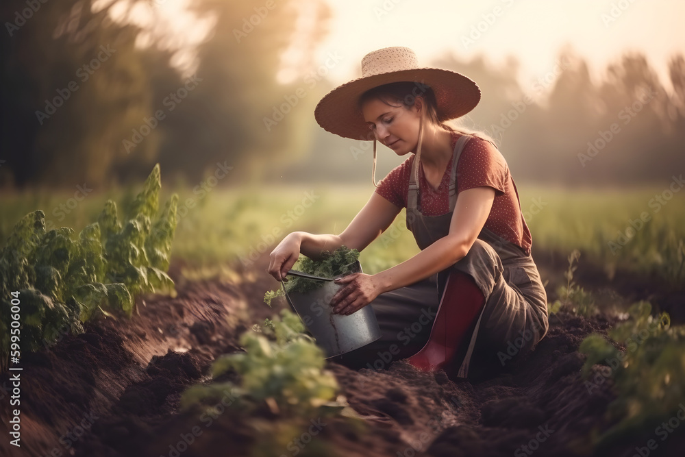 Young woman working on the farm in the field. Generative AI Young woman working on the farm in the field. Generative AI