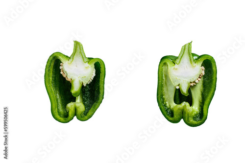 Cut green sweet pepper, two halves.  Isolated, transparent background
