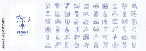 A collection sheet of outline icons for Wedding and marriage, including icons like Bowtie, Bouquet, Church, Couple and more