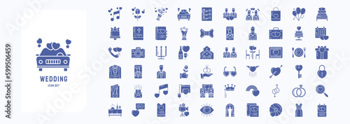 A collection sheet of solid icons for Wedding, including icons like Bowtie, Bouquet, Church, Couple and more