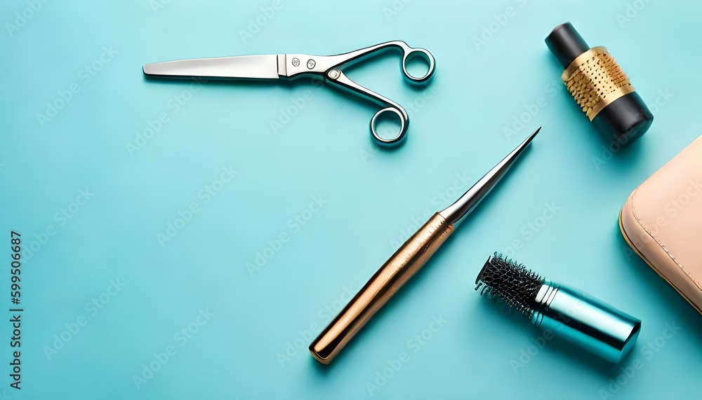 Top view of professional hair dresser tools on pastel blue background with copy space