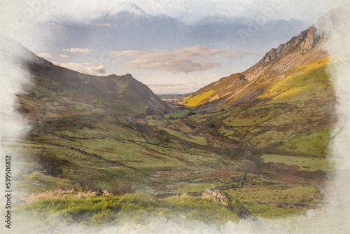 A digital watercolour painting of the Nantlle Valley in the Eryri National Park, Wales.