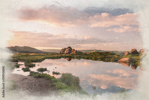 Doxey Pool digital watercolor painting at The Roaches, in the Peak District National Park. photo