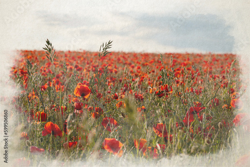 A digital watercolour painting of A red poppy field at sunset in the Peak District National Park.