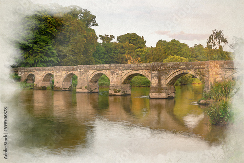 Digital watercolour painting of Essex Bridge on the River Trent, Great Haywood, Staffordshire, UK. photo