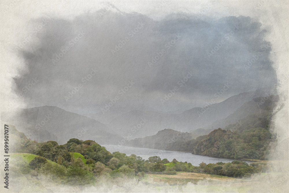 A digital watercolour painting of a weather front moving through Nant Gwynant in the Eryri National Park.
