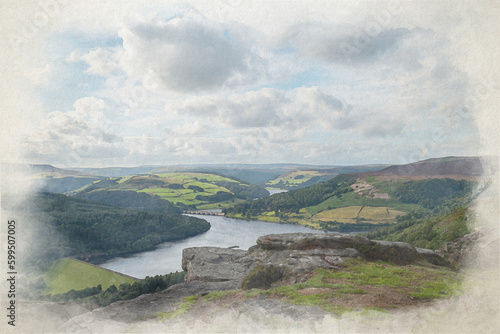 Digital watercolour painting of the Ashopton Viaduct, and Ladybower Reservoir in the Peak District National Park. photo