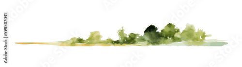 Watercolor beach with forest. Green trees and bushes isolated on white background. Gorizontal bar element, divider, separator, footer for your design. Vector illustration.