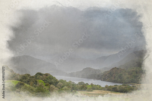 A digital watercolour painting of a weather front moving through Nant Gwynant in the Eryri National Park. photo