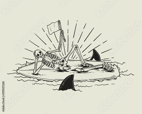 Skeleton on a surfboard. Vector illustration in sketch style
