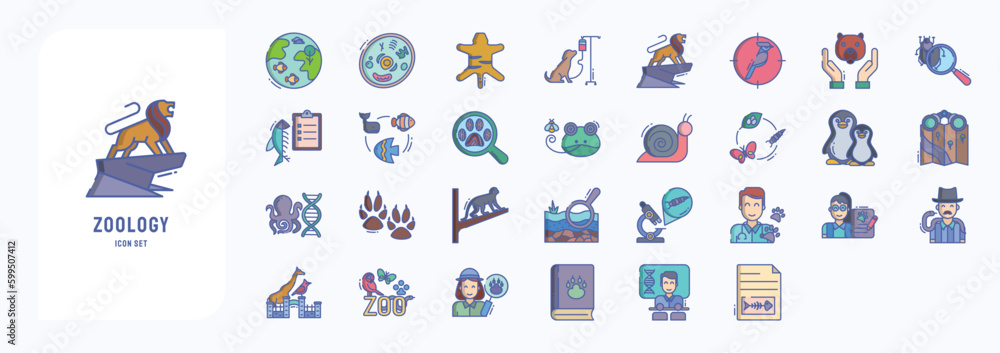 Fototapeta premium A collection sheet of linear color icons for Zoology, including icons like Animal cell, Animal, Birds, Ichthyology and more