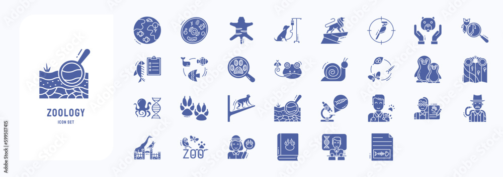 Fototapeta premium A collection sheet of solid icons for Zoology, including icons like Animal cell, Animal, Birds, Ichthyology