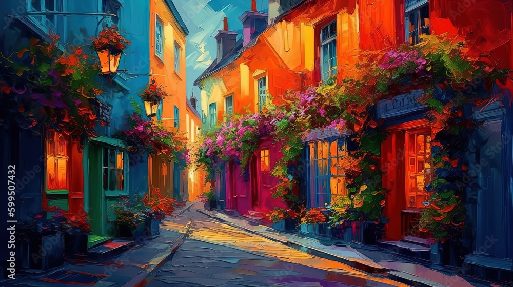 illustration of beautiful narrow city alley with colorful building has flower pot decorated, Generative Ai