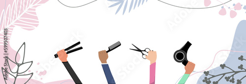 Hands holding different hairdressing tools. Hairdressing business concept.