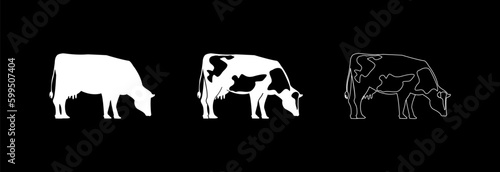 The cow icon on a black background in different versions. Cow symbol for templates, web design and infographics.