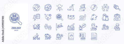A collection sheet of outline icons for Zoology, including icons like Animal cell, Animal, Birds, Ichthyology and more