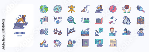 A collection sheet of linear color icons for Zoology, including icons like Animal cell, Animal, Birds, Ichthyology and more